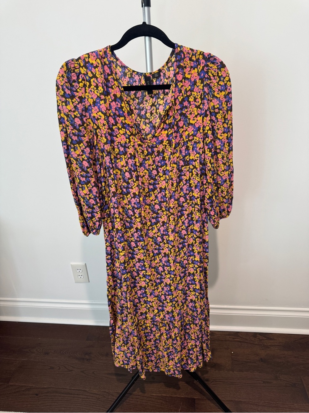 Floral V-Neck Midi Dress in Black with Yellow & Pink Blossoms
